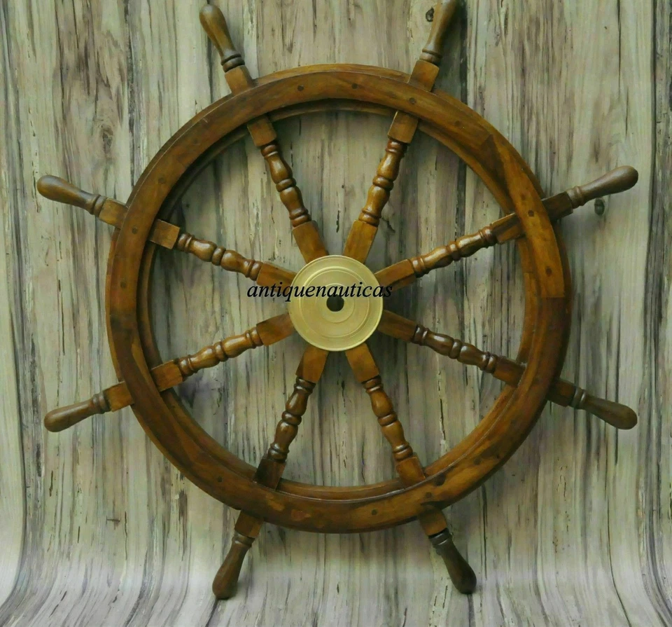 36 Inch Big Ship Steering Wheel Wooden Antique Teak Brass Nautical Pirate Ship's - Image 3 of 3