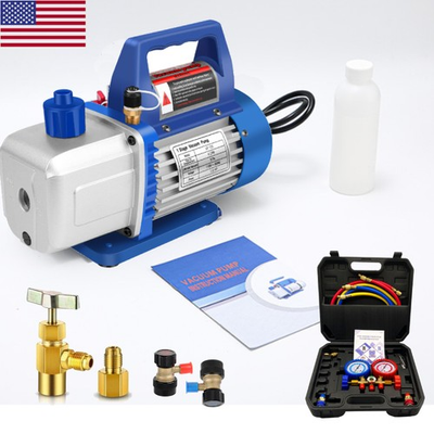 #ad A C Manifold Gauge Set For R134A R502 R22 R124 CFM 1 3HP Air Vacuum Pump W Oil $84.99