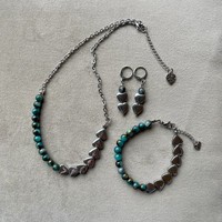 IMPRESSION JASPER & HEMATITE Necklace Bracelet Earrings Set Heart Beads