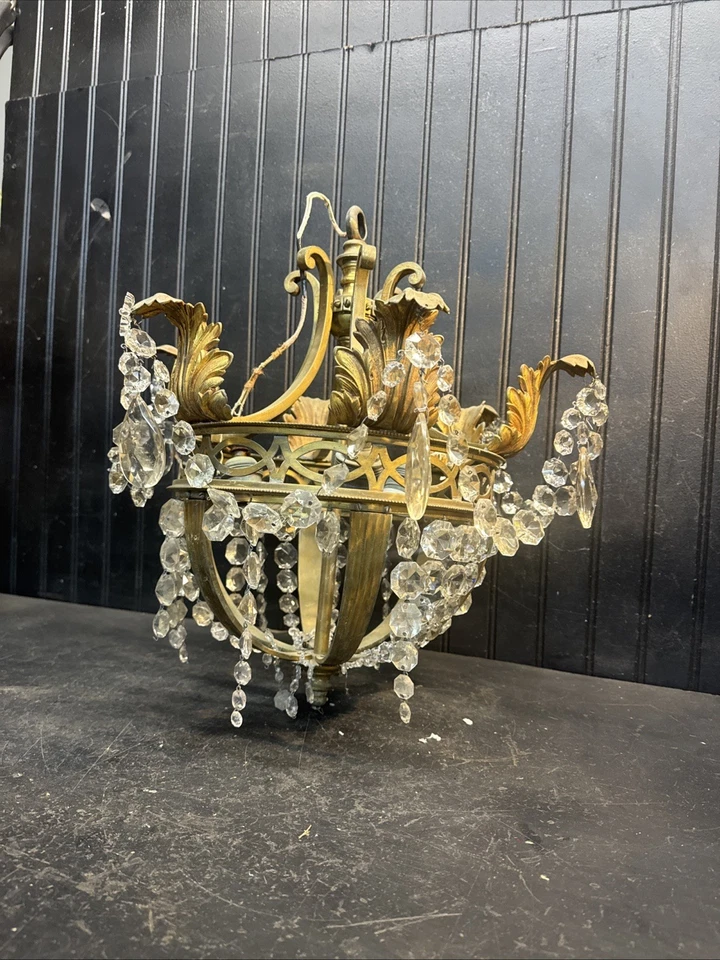 Vintage 3bulb Crystal Ceiling Lighting Fixture with Hanging Glass prisms 16in - Image 4 of 4