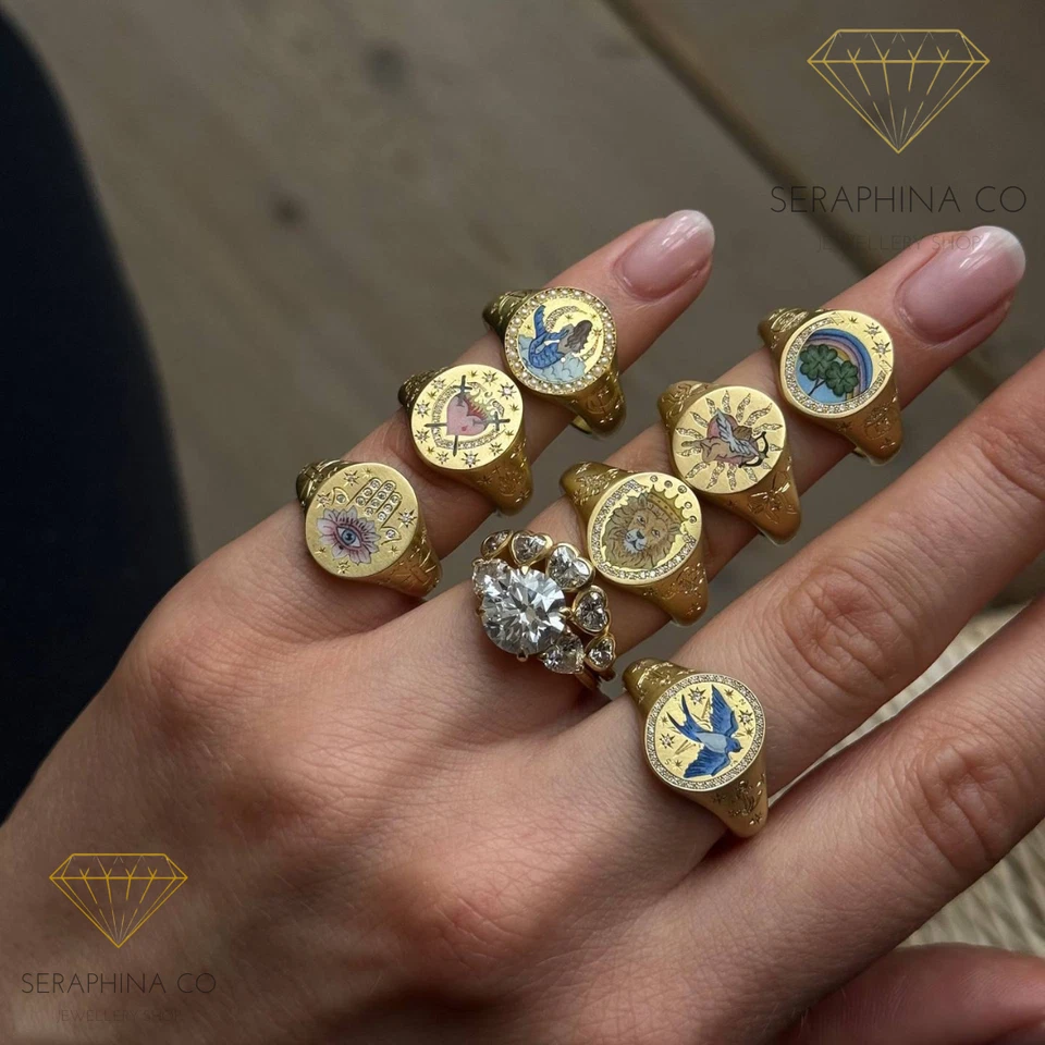 Anillo de sello esmaltado dorado para mujer encanto simbólico joyería estilo victoriano vintage Foto 3 de 4