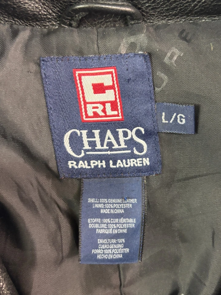 Chaps Ralph Lauren Large Black Leather Jacket Coat Button Front Bomber Classic - Image 2 of 4