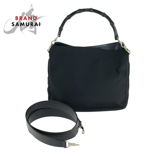 Gucci Bamboo Black Silver Hardware Nylon/Leather 001 1638 Shoulder Bag Handbag L