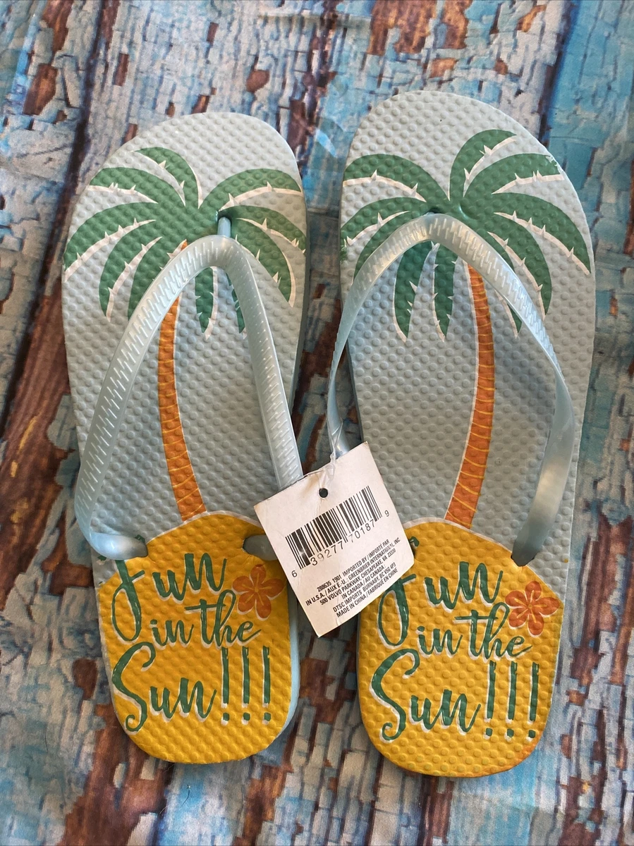 New Women s Fun In The Sun Flip Flops Blue With Palm Trees Print