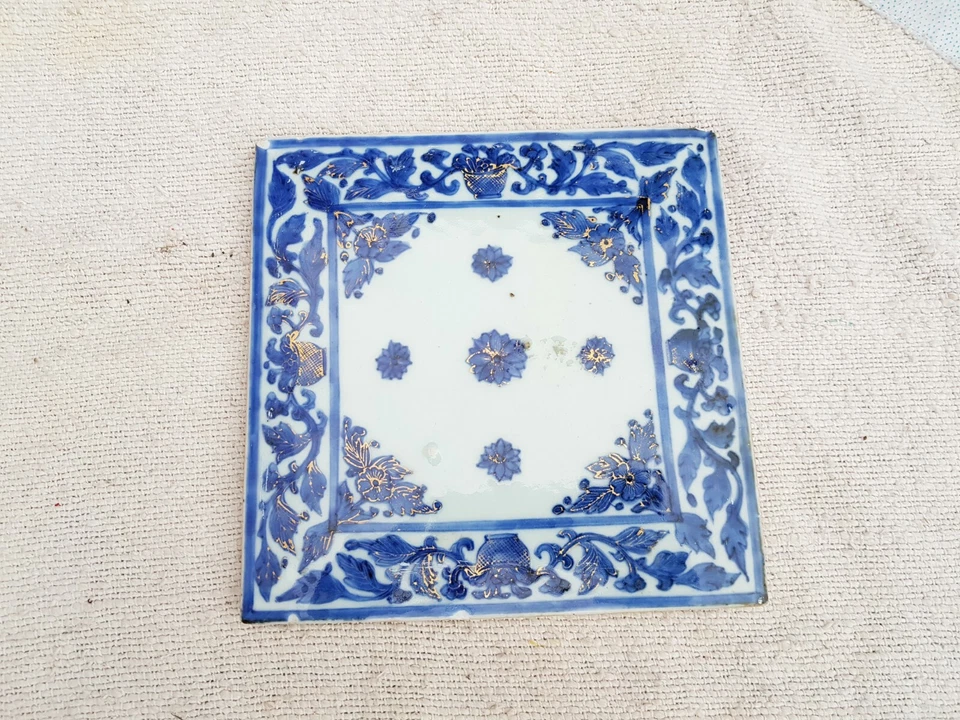 Azulejo Vintage Art Nouveau Azul Floral Oro Obra Arquitectura 7.3" Original CT133 Foto 3 de 4