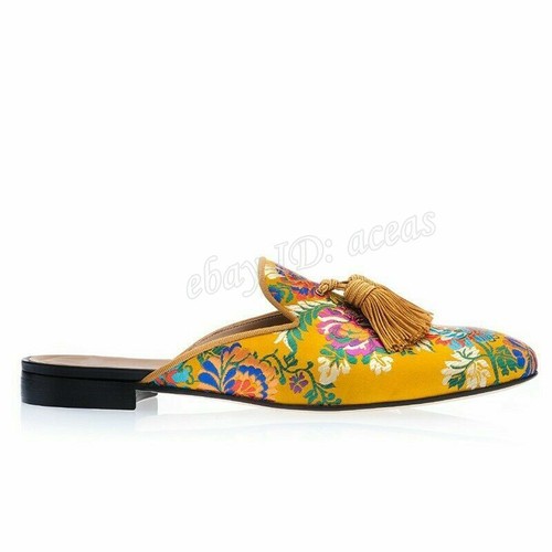 Men Embroidery Floral Slippers Classic Summer Mules Round Toe Leisure Comfy - Picture 4 of 10