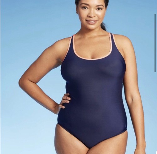 Women’s Cross Back One Piece Swim Suit All In Motion Navy Medium - Picture 3 of 8