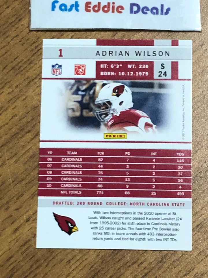 SCORE NFL FOOTBALL 2011 ADRIAN WILSON CARD 1 ARIZONA CARDINAL EXCELLENT - Image 2 of 2