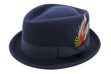 Foldable Navy Diamond  Crown Pork Pie Trilby Hat With Matching Band 100% Wool