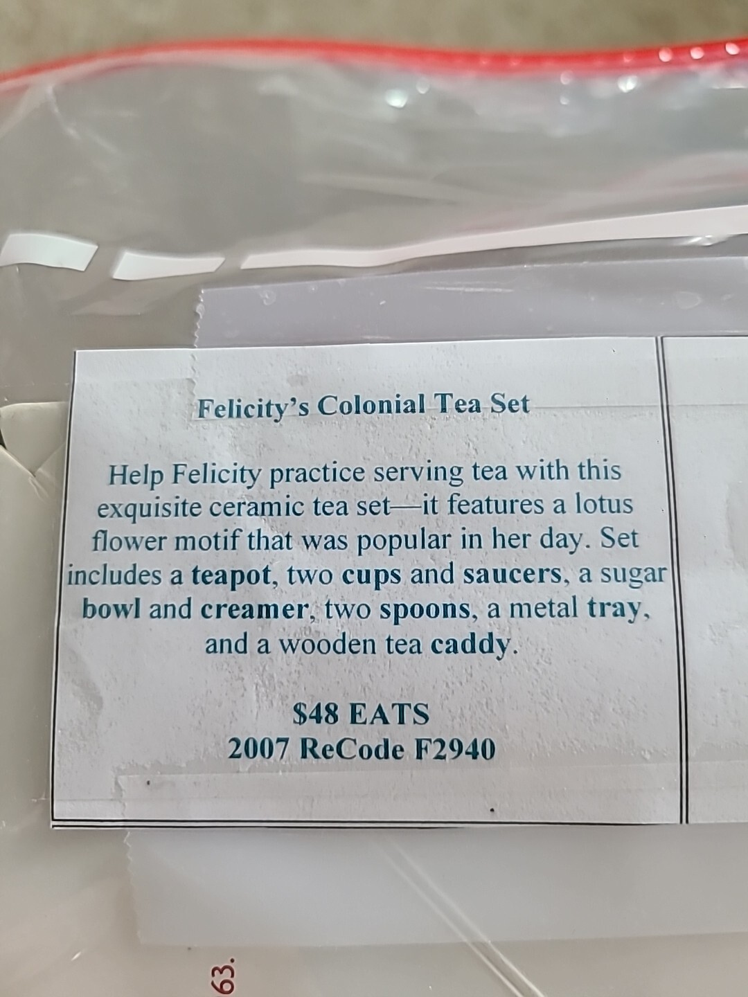 AMERICAN GIRL FELICITY-COLONIAL TEA SET-NEVER REMOVED FROM BOX