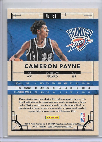 2016-17 Cameron Payne Insert /79 Gold Standard Blue Basketball Card #51 Warriors - Foto 2 di 2