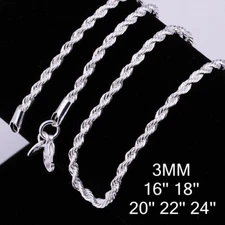 925 Sterling Solid Silver 4MM Twisted Rope Chain Necklace 16" - 24" Mens Womens 