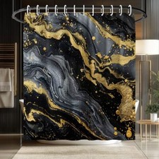 Luxurious Black and Gold Marble Shower Curtain with Hooks, 72" W x 72" L,