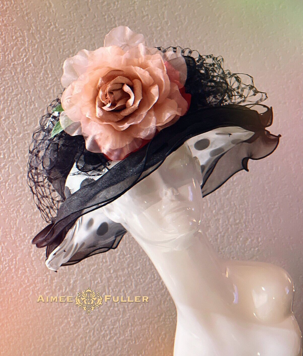 Polka Dot Kentucky Derby Hat Big Black White Ruffles Pink  display picture 1