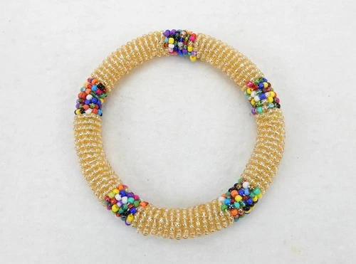 Vintage Costume Jewelry, Light Yellow and Colored Beaded Bangle Bracelet BCLT-08