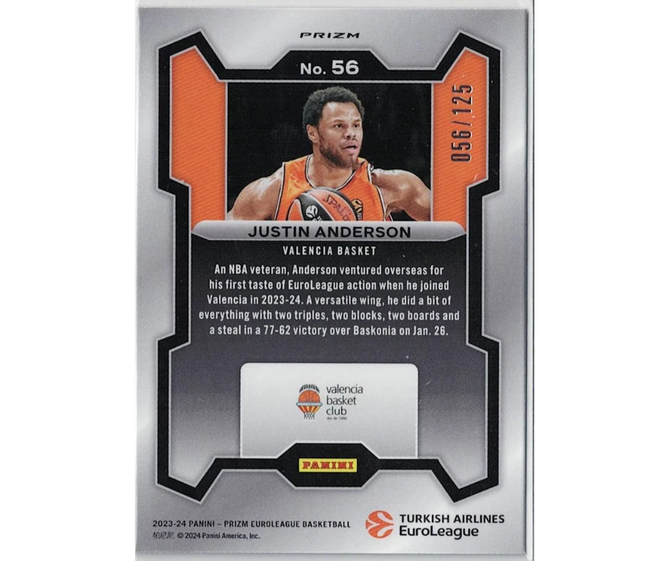 2023-24 Panini Prizm Euroliga Azul Hielo agrietado 56/125 #56 Justin Anderson Foto 2 de 3