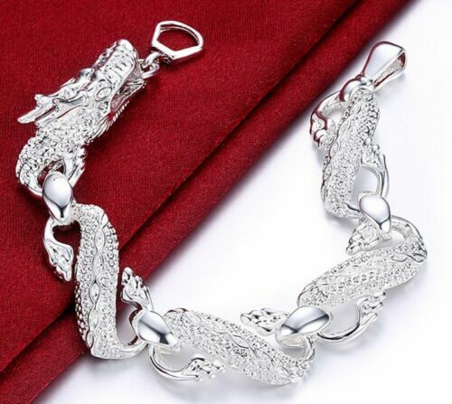 Herren Damen 925 Sterlingsilber 8" Drachen Gliederkette Armband - Bild 1 von 5
