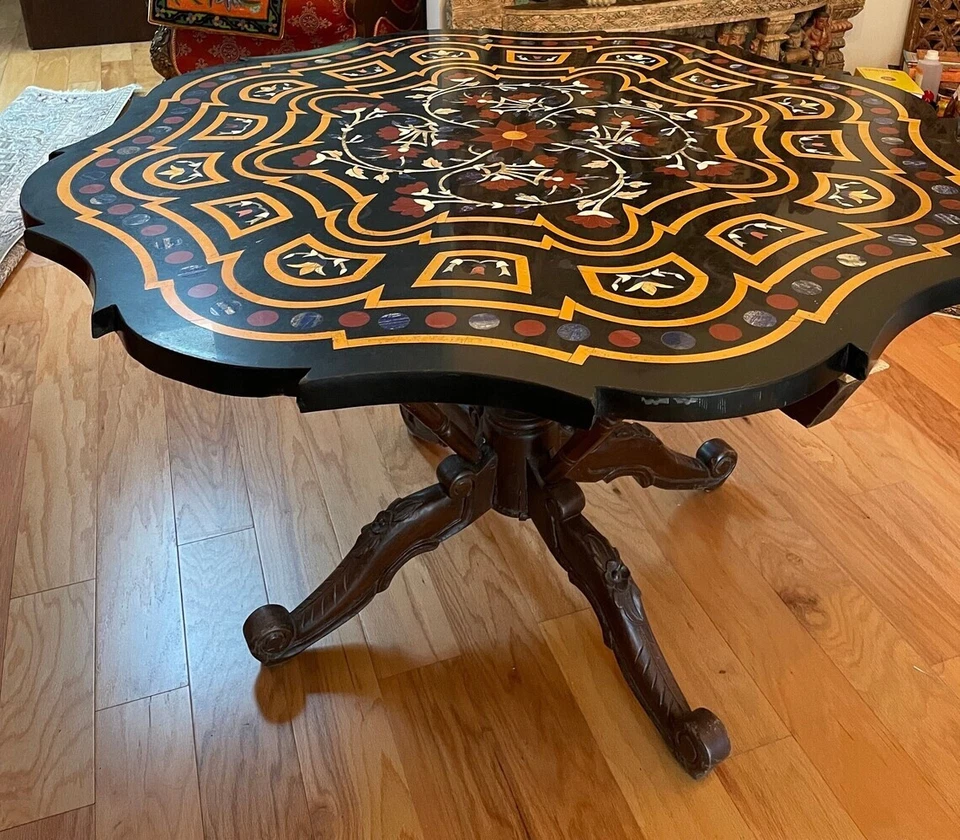 Vintage Inlaid Stone Black Marble Round Kitchen Table Home Decor Carved Table - Image 2 of 4