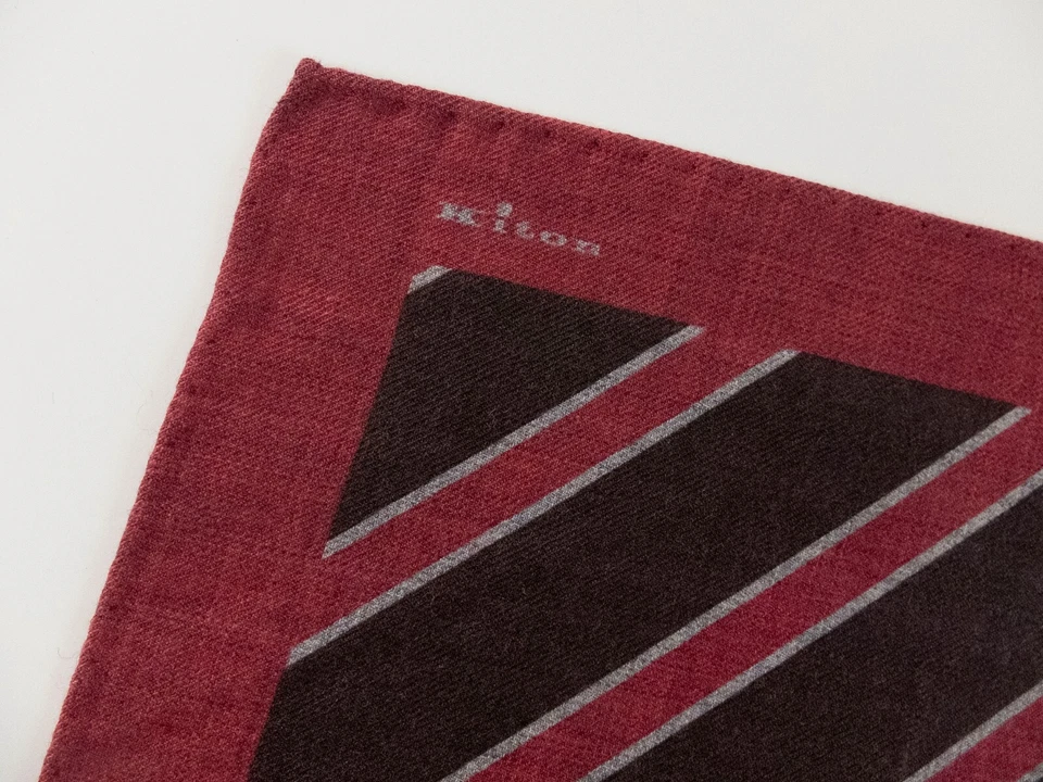 KITON Napoli Borgoña Marrón Hecho a Mano Rayas Diagonales Lana Bolsillo Pañuelo Foto 2 de 3