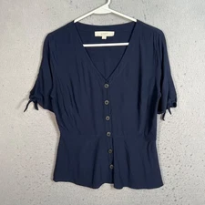 Loft Womens Size 0 V-Neck Button Front Navy Blue Top Short Sleeve