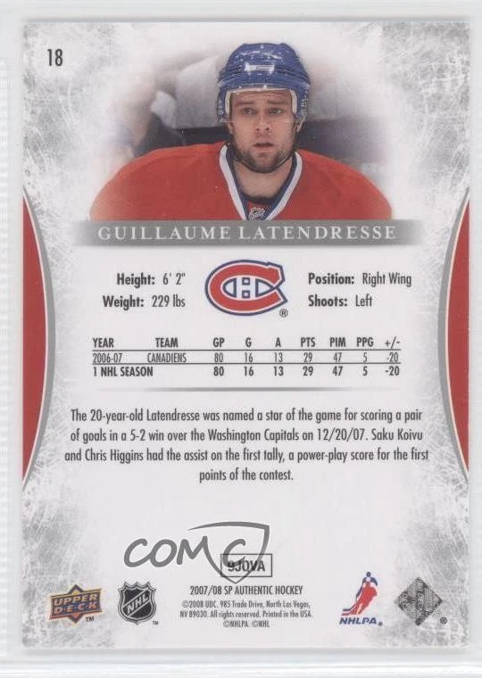 2007-08 SP Authentic Guillaume Latendresse #18 - Image 2 of 2