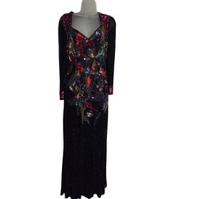Vintage 80s Silk Vintage Beaded Sequin Gown Multi Color Long SOpen Back Dress