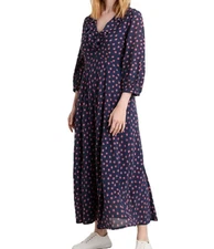 SeaSalt Women Furled Flower Midaxi Dress size18 Pockets Lined FrillVNeck NavyRed