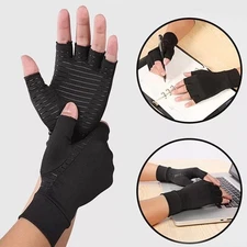 Copper Compression Gloves Anti Arthritis Fingerless Hand Support Pain Relief UK