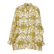 Versace Men Shirt Vintage Baroque Pattern Silk Gold-tone White Long Sleeves 46 L