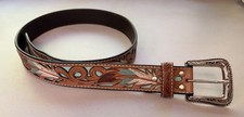 Nocona Belt Co Tooled Leather Western Belt Sz 32 Turquoise Feather Overlay