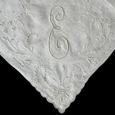 Handkerchief E Monogram White On White Satin Stitch Embroidery 13.5 Square Vtg