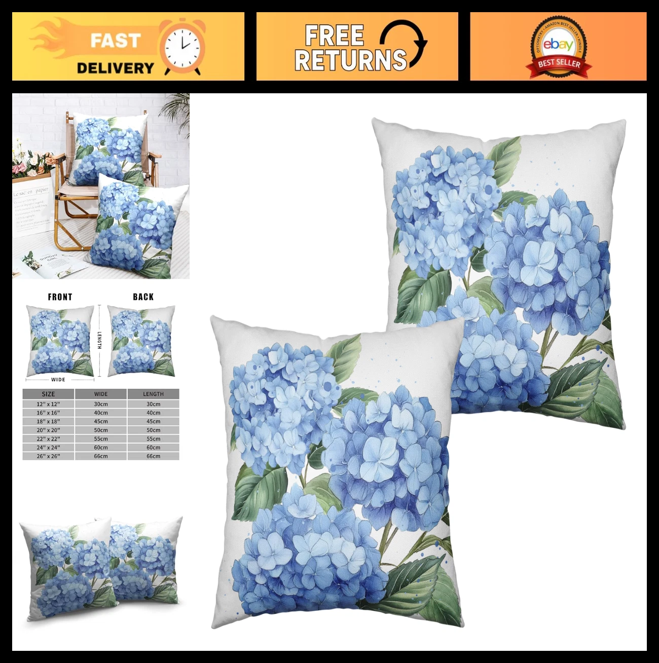 Set of 2 Blue Hydrangea Decorative Pillow Covers 18x18 - Cotton Linen Floral Cus