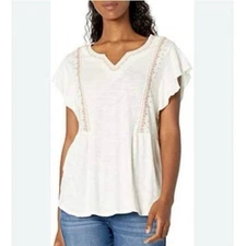 Vintage America White Embroidered Boho Peasant Top Flutter Sleeve Size S