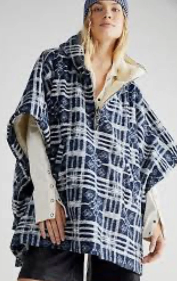 Free People Miss You Poncho Hood Faux Fur Line Slouchy Plaid Blue White M/L NWT - Image 2 of 4