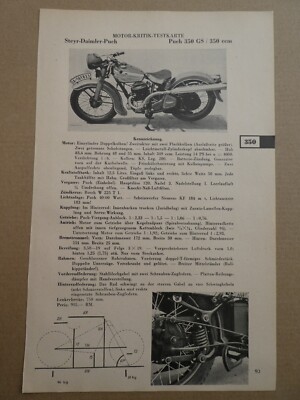 STEYR PUCH 350 GS MK Testkarte 1939 Datenblatt Testbericht Prospekt Motor