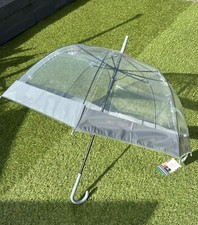 SOAKE Everyday Clear Dome Walking Umbrella Silver Grey Trim Border Auto Open NEW