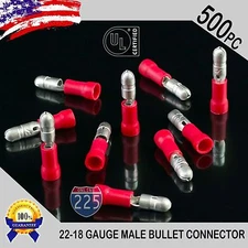 500 Pack 22-18 Gauge Red Male Bullet Connectors Fully Insulated Vinyl .156" UL