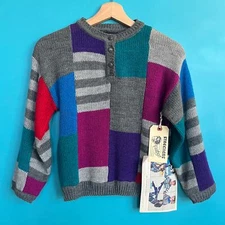 1980s Deadstock Gitano Purple Teal Pink Gray Color Block Acrylic Henley Sweater 