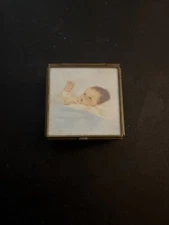 Vintg Bessie Pease Gutmann Baby Trinket Box Blue Glass Brass Balloon Corporation