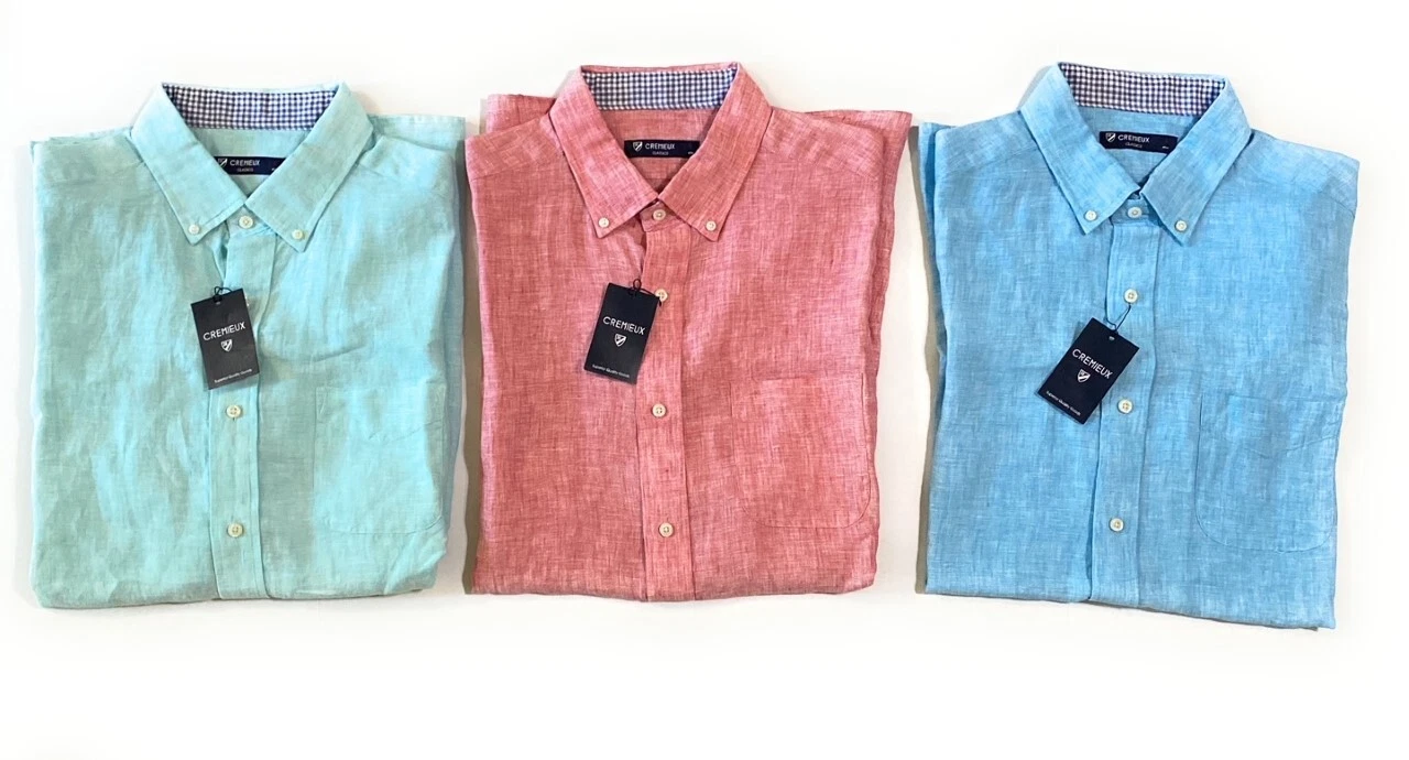 New Cremieux Men's Solid Short-Sleeve Linen Woven Shirts Large Variety Color