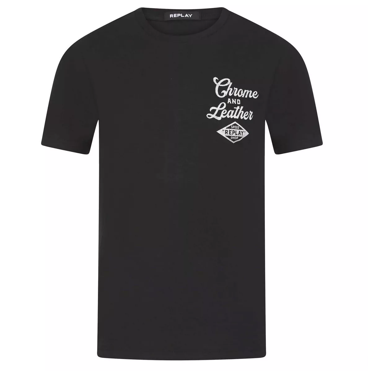 Replay Mens T Shirt Motorcycle Front and Back Print Crew Cotton Tee in Black