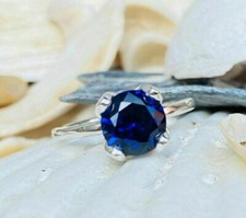 Art Deco Round Sapphire Lab Created Diamond Solitaire 925 Silver Engagement Ring