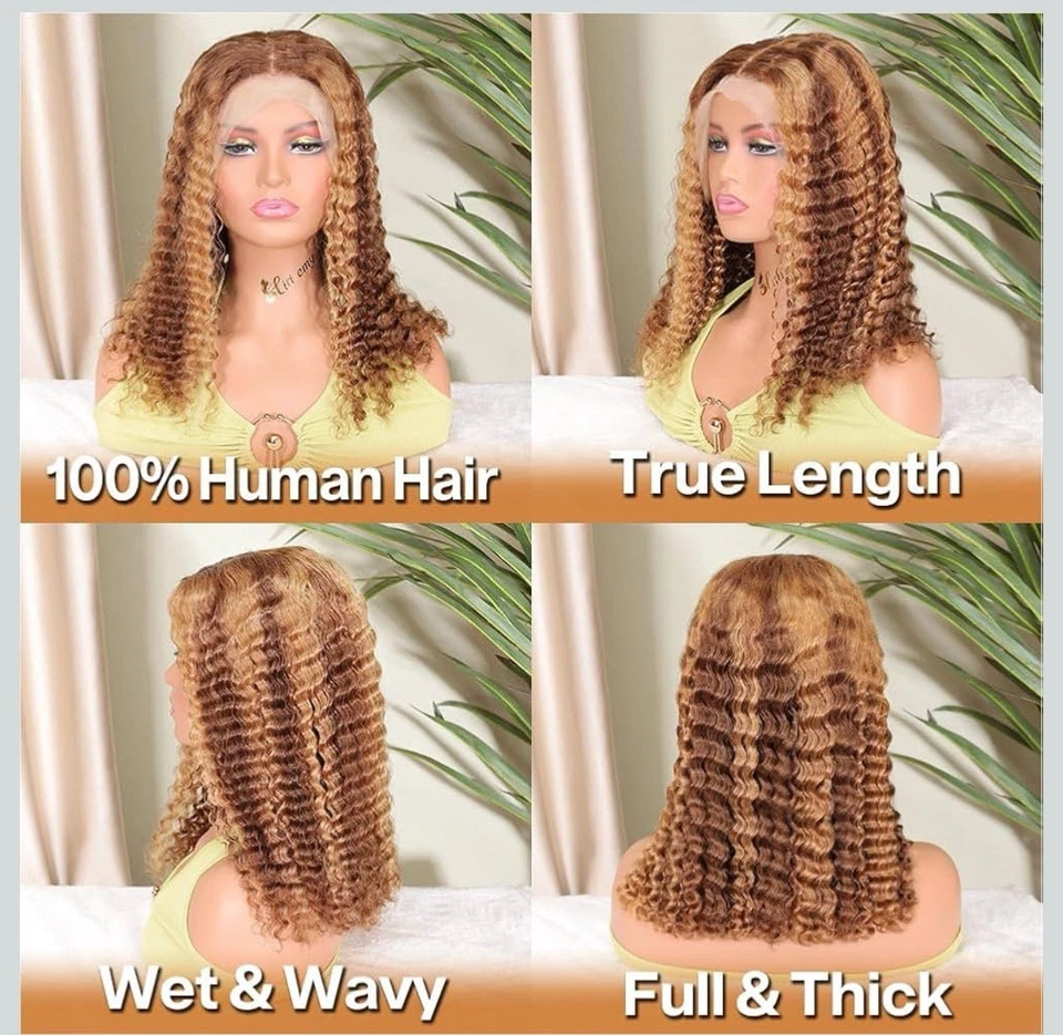 Ombre Honey Blonde Highlight 13x4 HD Lace Front Wigs Human Hair Water Wave 16” - Image 3 of 4