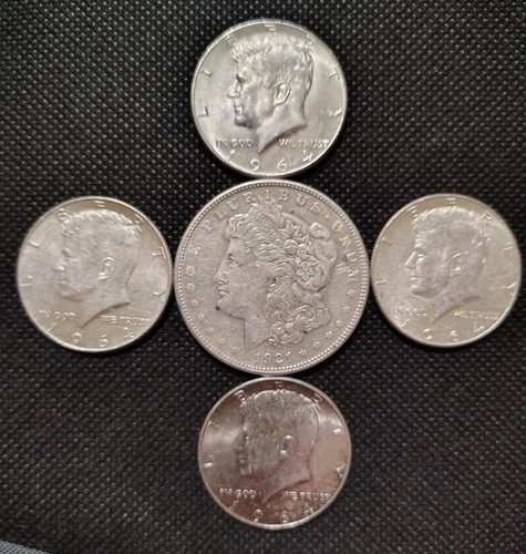 Lot Of 5 US 90% Silver Coins  1921s Morgan Dollar + 4 Kennedy's Free Shipping
