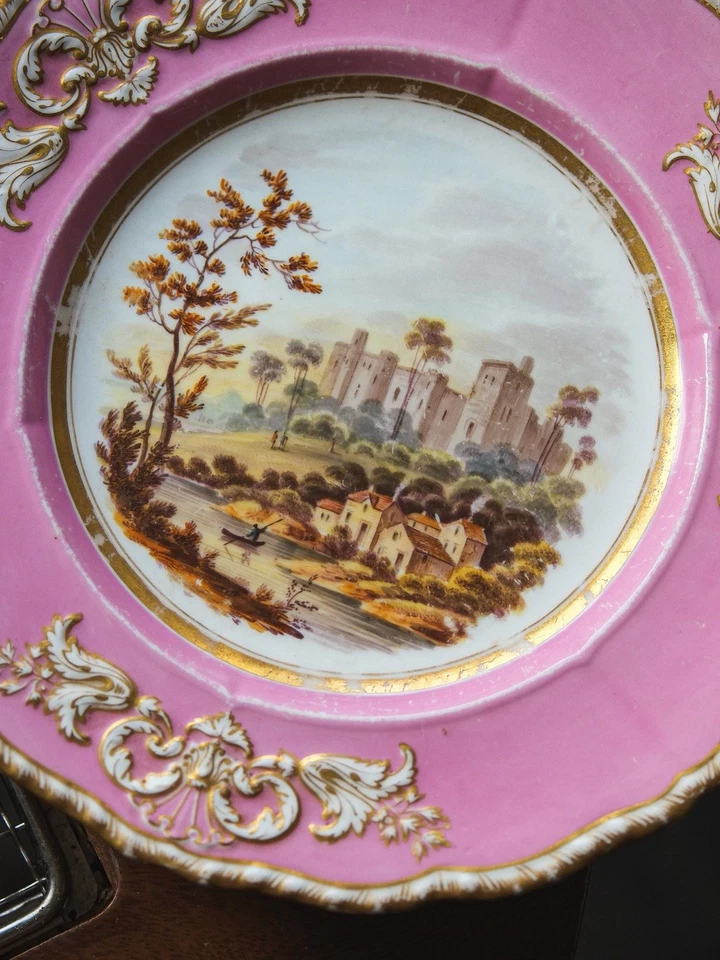 Antique English Porcelain Coalport Rococo Style Landscape Painted Pink Plate - Image 2 of 4