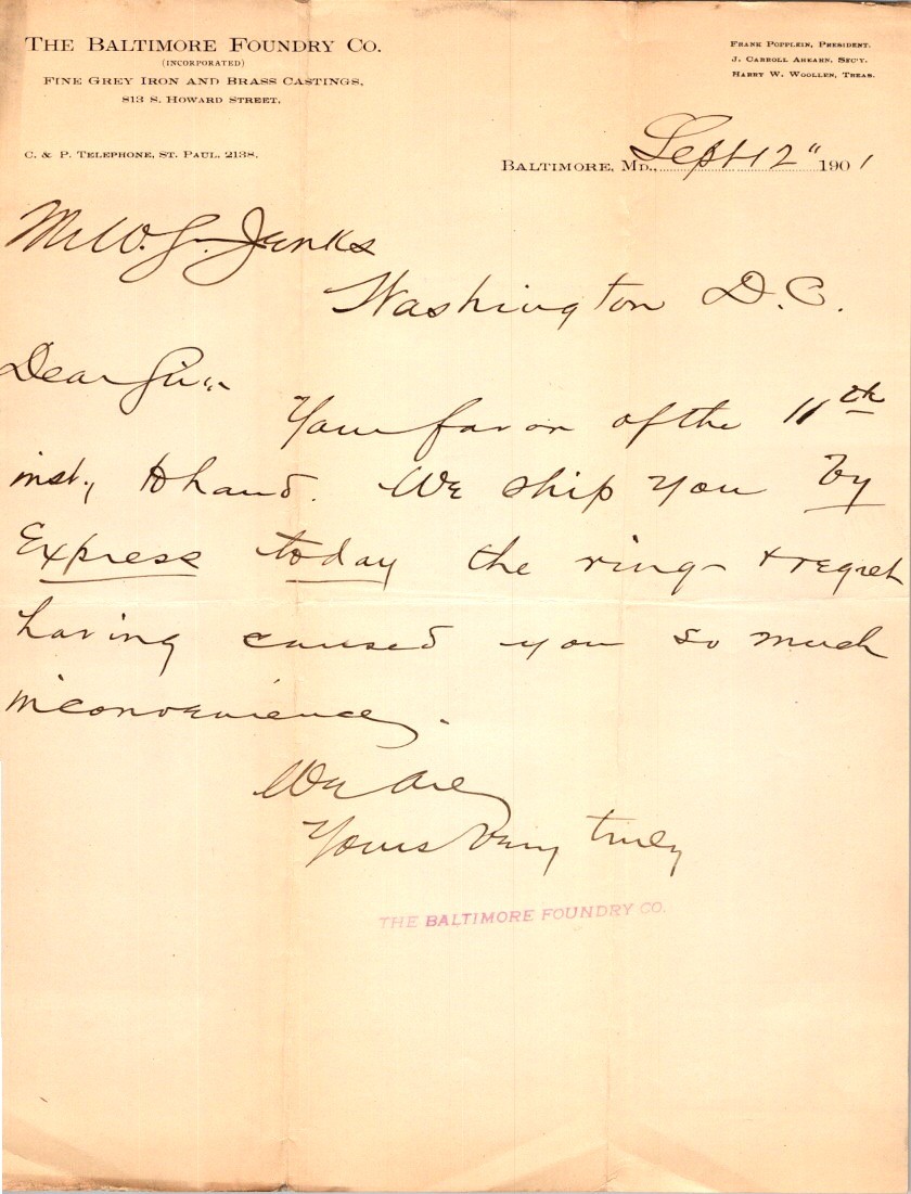 1901 Baltimore Foundry Co Business Letter Letterhead Iron Brass Castings MD