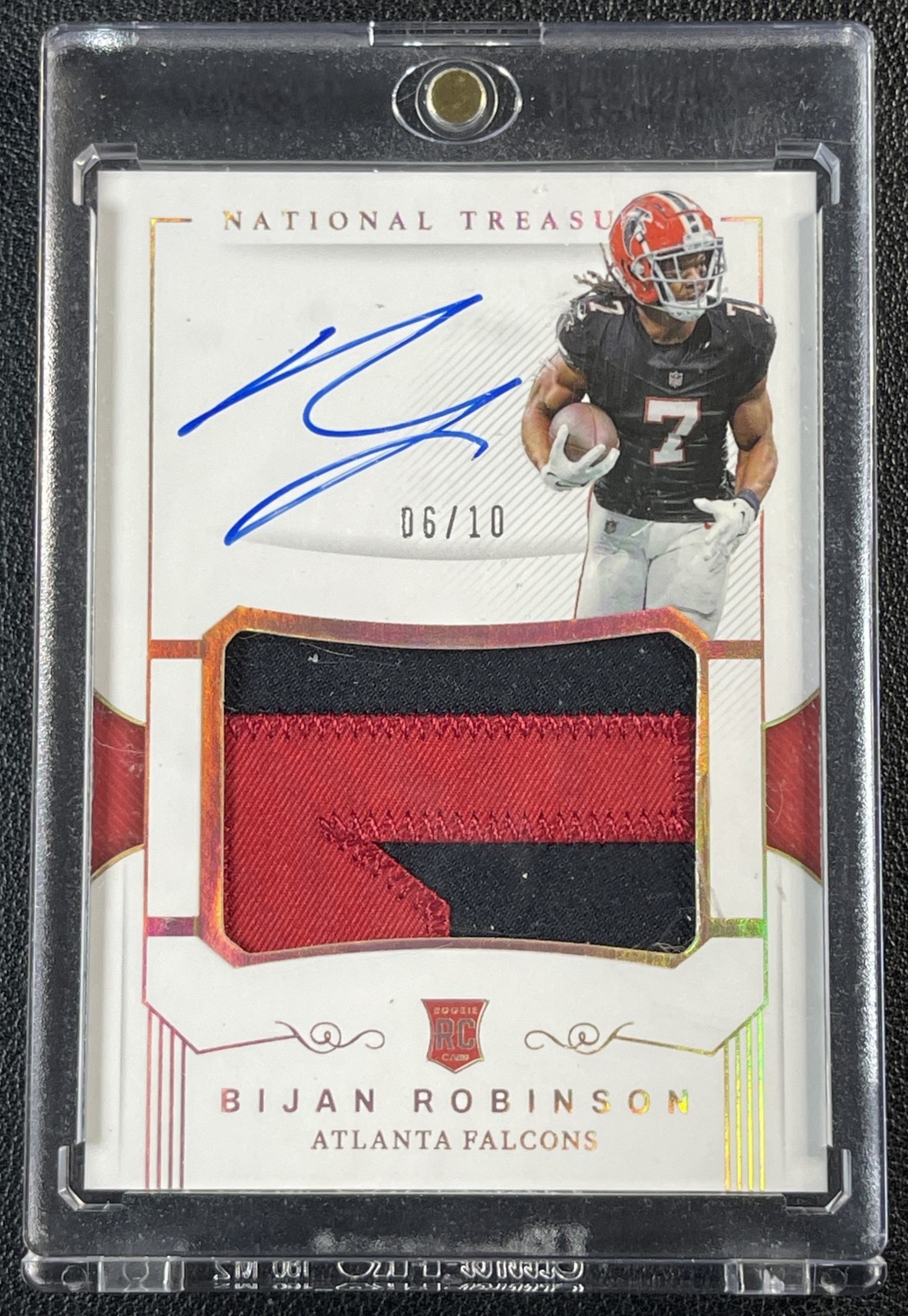 BIJAN ROBINSON 2023 NATIONAL TREASURES ROOKIE CROSSOVER PATCH AUTO GOLD 6/10 RC