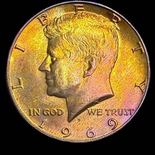 Kennedy Half Dollar 1969 D Uncirculated 40% Silver Monster Rainbow Toning