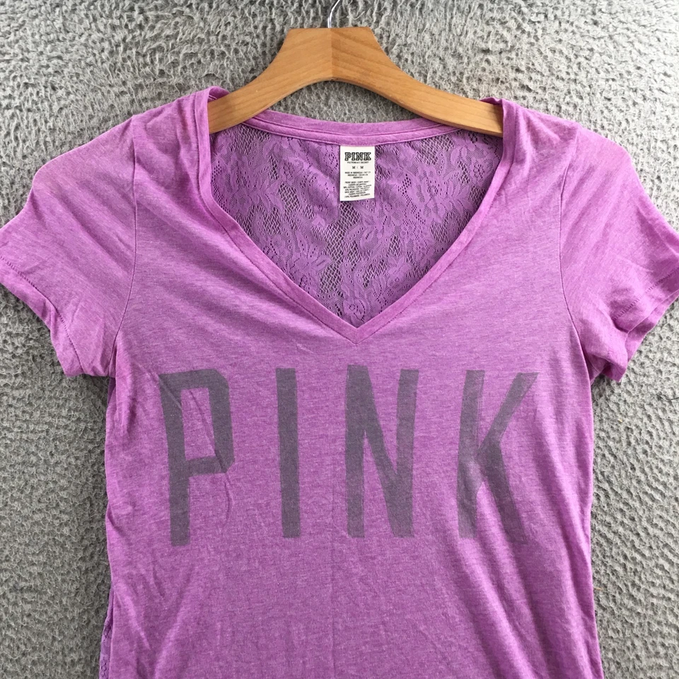 Victoria's Secret PINK Top Womens M Purple V-Neck Tee Lace Back Graphic Logo - Image 2 of 4