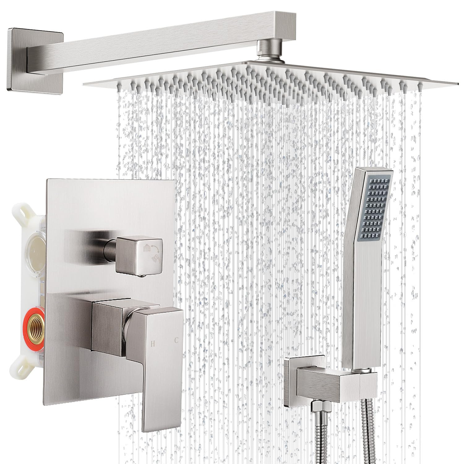 10 Inches Bathroom Rain Shower Combo Set Wall Mounted Rainfall Brushed Nickel...